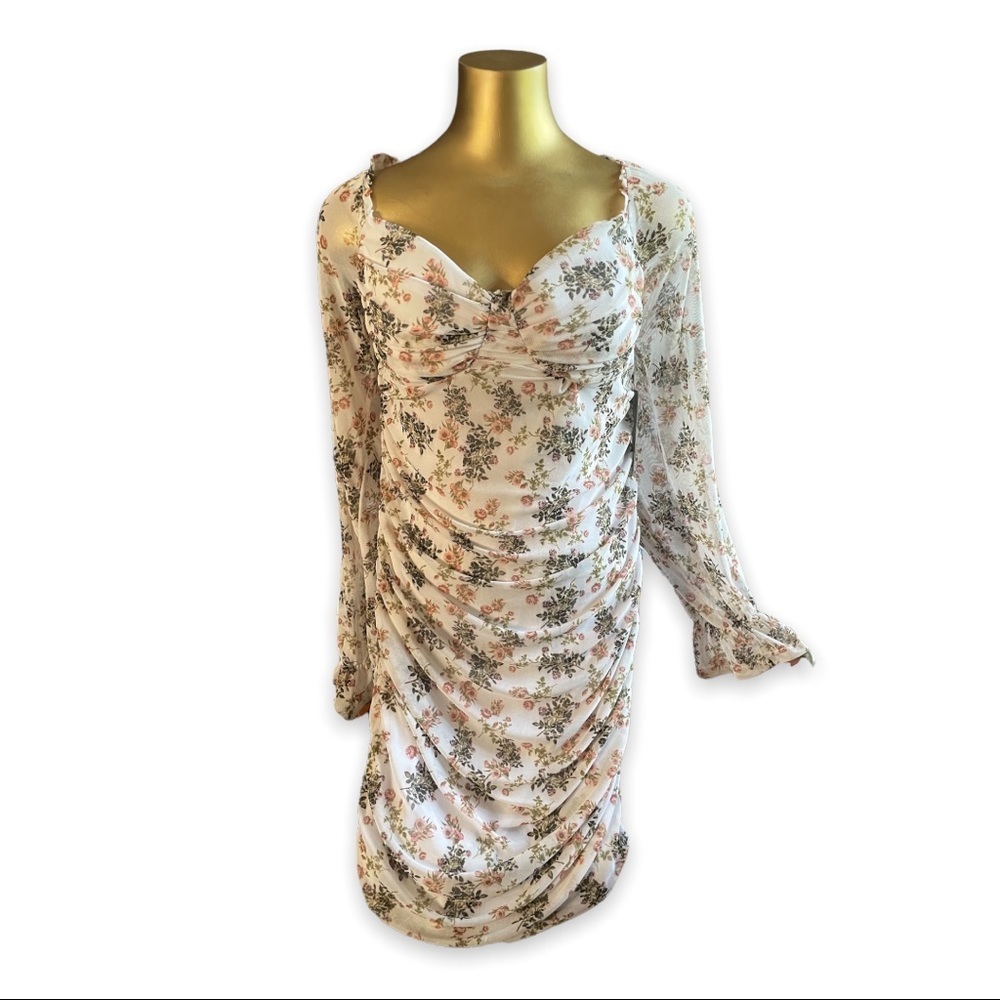Floral Bodycon Dress Mesh Ruched Occasion Sundress Form Fitting XL